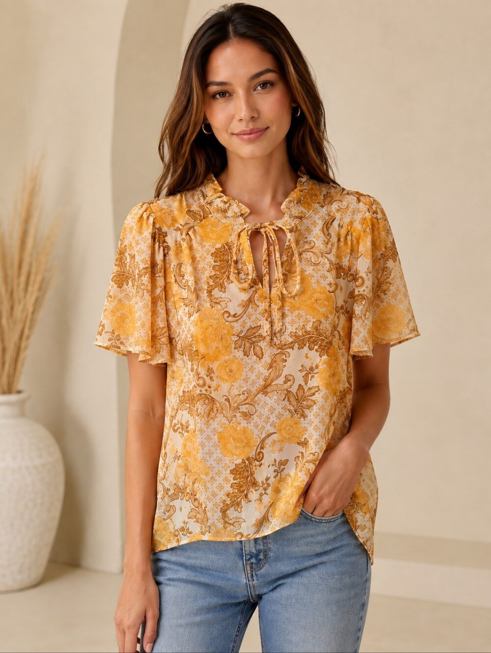 ❤️ JOIE FLORAL FLOWY TOP W/ RUFFLE NECK, SMALL